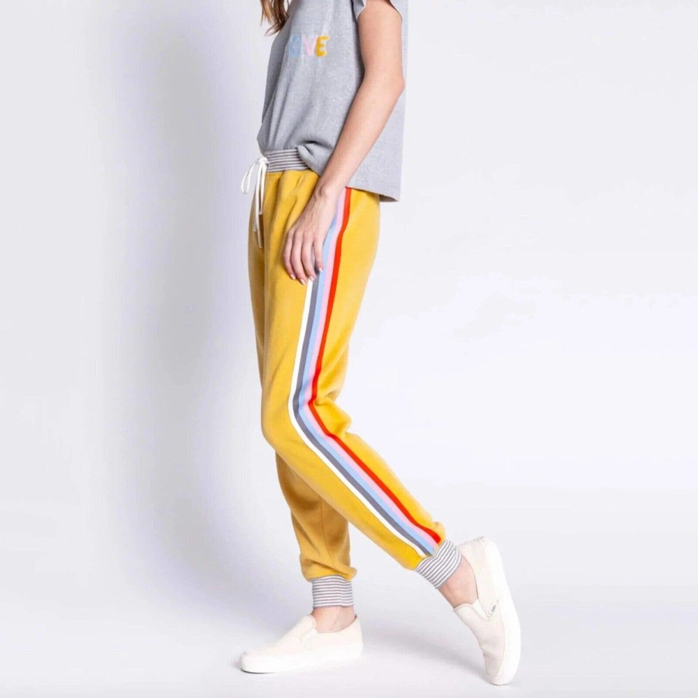 P.J. Salvage Mustard Yellow Jogger Pants with Multicolor Side Stripes